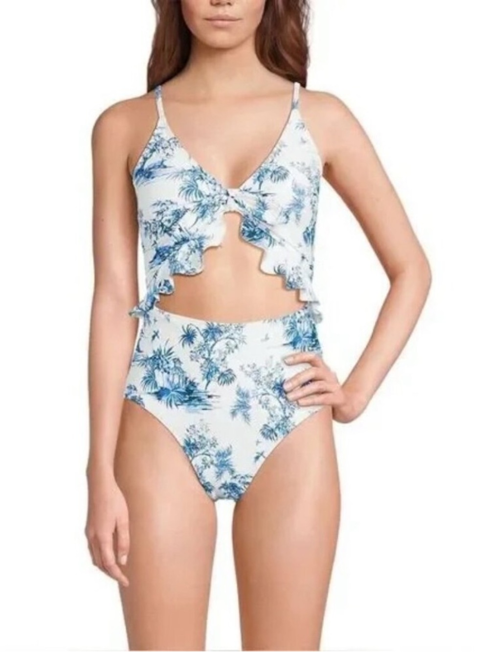 Land’s End NWT
Large Tie Front Ruffle Monokini One Piece Swim Blue White Floral
